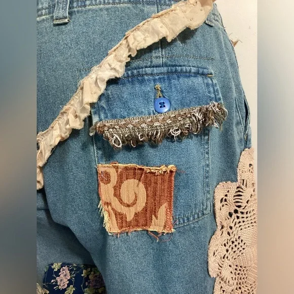 Upcycled Patchwork Bloomers One Size S-L Reworked Boho Hippie Frayed OOAK Unique - Picture 10 of 16